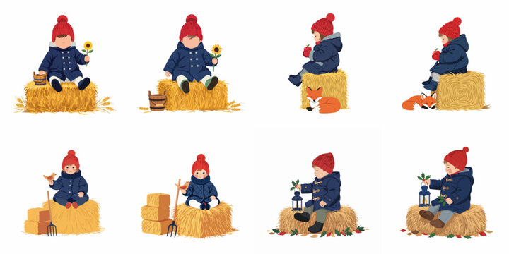 Illustrations of a child in winter clothing sitting on haystacks with seasonal elements like sunflowers, a fox, a bird, and a lantern.