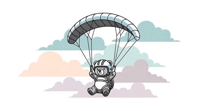 A cartoon bear parachuting through fluffy clouds, wearing a helmet and backpack, with a stylized aesthetic