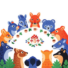 Naklejka premium Colorful Circle of Cartoon Animals Surrounding a Central Floral Shield.