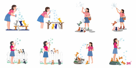 Fototapeta premium Collection of illustrations showing a young girl blowing soap bubbles while kittens play and jump around her in various outdoor settings.