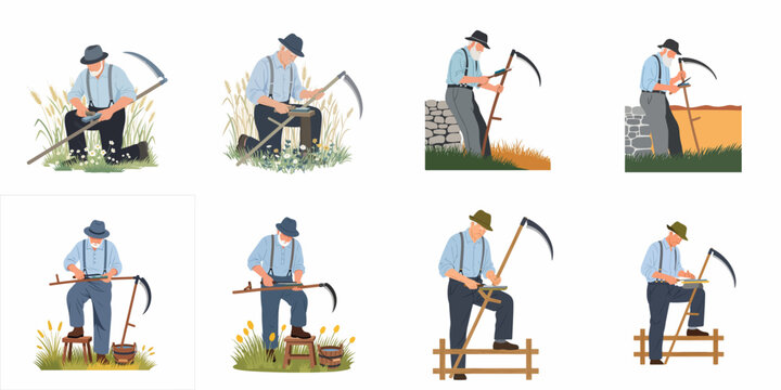 Collection of illustrations depicting an elderly farmer sharpening a traditional scythe tool in various rural and field settings.