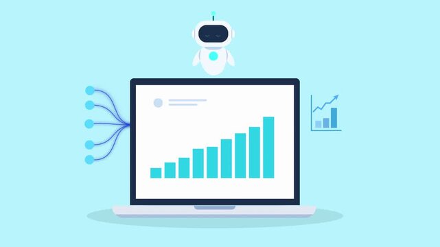 Animated laptop displaying rising data chart connected to cloud system with business graph icon, representing growth analytics, performance tracking, and digital business workflow.