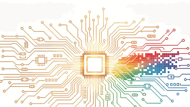 Stylized Abstract Technology Illustration: Central Processor Chip Extending Gold Circuit Traces Forming Neural Brain and Rainbow Pixel Digital Eye for AI Computer Vision