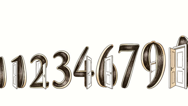 Surreal hand-drawn sepia sketch of horizontally arranged numerals with open doors embedded in select digits and clever visual wordplay