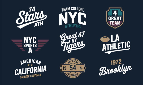 Vintage American College Sports Badge Set Athletic Typography Vector for Apparel Design and Branding