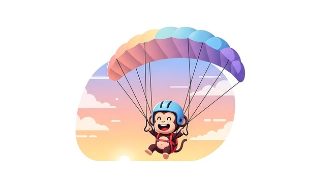 A cartoon monkey, wearing a helmet, joyfully paragliding with a rainbow-colored parachute against a sunset sky