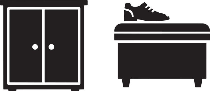 Black and white of a wardrobe and an ottoman with a shoe cupboard