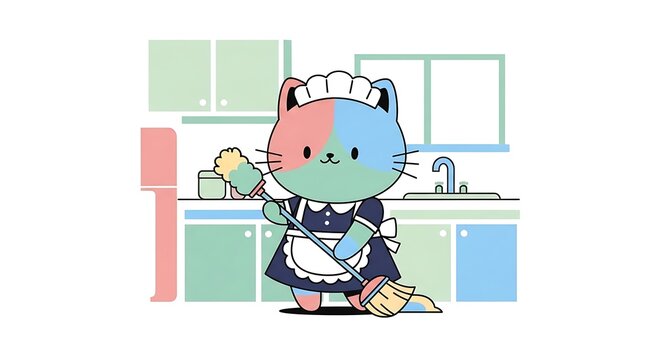 A cartoon cat in a maid outfit with a broom and duster, standing in a simplified kitchen with cabinets and a sink