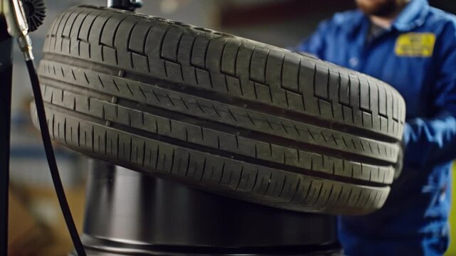 Close-up of an automotive technician mounting and balancing a car tire on a wheel rim with a tire changer in a professional garage, highlighting tread detail and maintenance