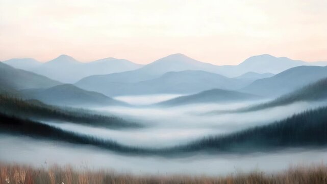 In early hours, mist flows over the mountain tops creating a soft view. The light shines on the hills and clouds. Nature reveals a simple beauty