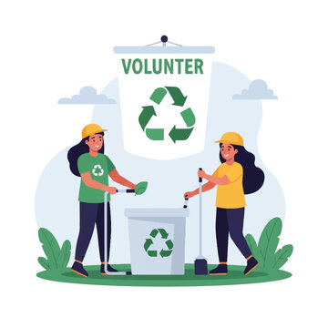 Two volunteers sorting recyclable materials into a bin during an outdoor environmental cleanup event.
