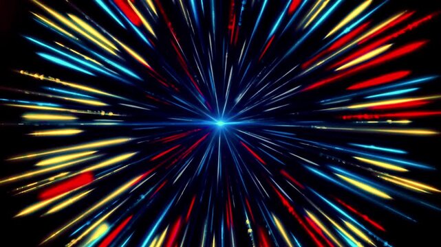 Red blue yellow light rays zoom through space towards a central star in a cosmic tunnel effect.