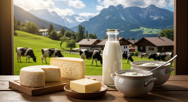 Dairy products on table.