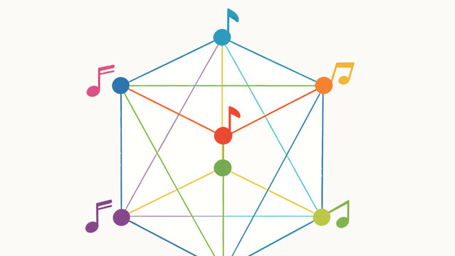 Hand-drawn abstract musical harmony network diagram, 3D cube wireframe with color-coded nodes and matching colored musical eighth notes on plain white background