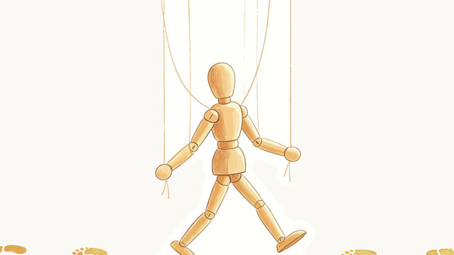 Warm Minimalist Golden Hand-Drawn Illustration of Jointed Wooden Marionette Walking Along Footprint Trail, Metaphor for External Control and Predetermined Life Path