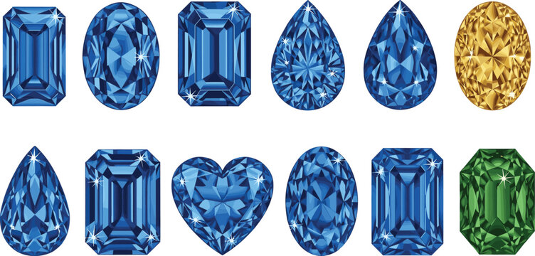 Illustration of Colorful Gemstones in Various Cuts Including Blue Sapphire, Emerald, Heart, and Oval Shapes for Jewelry and Design