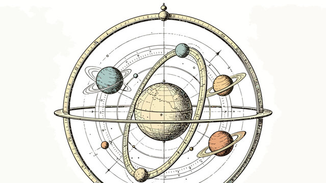 Vintage Engraved Armillary Sphere Illustration of Geocentric Planetary Orbit Model, Antique Scientific Astronomy Diagram