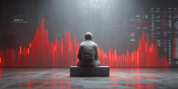 Investor stressed in dark room watching red market graphs collapse representing financial crisis panic economic downturn and trading losses in volatile market 