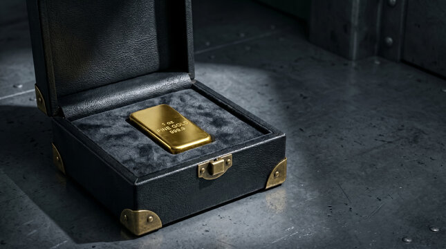 Conceptual macro still-life of a pristine gold bullion bar inside a bespoke leather box on a steel surface. Metaphor for absolute security, private vaults, and institutional wealth storage.