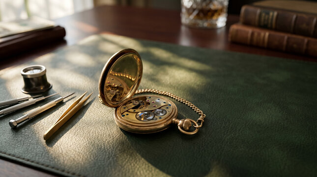 Conceptual macro flatlay of an open gold pocket watch and tools on green leather. Metaphor for generational wealth transfer, estate planning, and precise time management. AI generated.