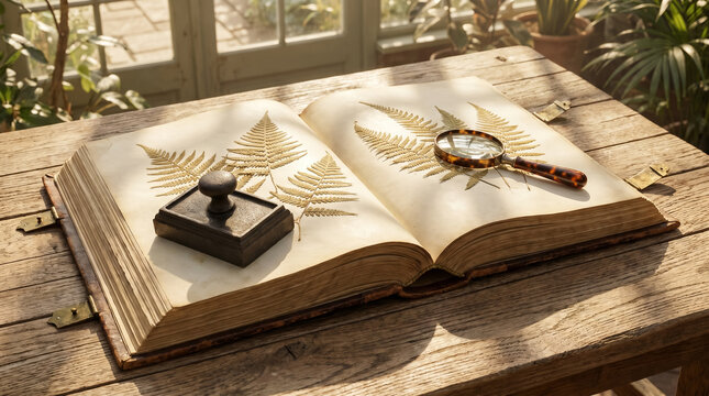 Conceptual commercial flatlay of a pressed fern in an antique leather-bound herbarium book with a cast-iron weight. Represents estate planning, legacy, and old money heritage. AI generated.