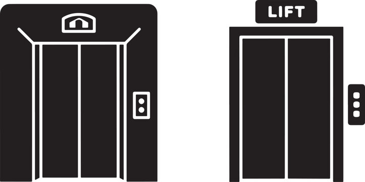 Black and white of two elevator doors, one with 'lift' sign