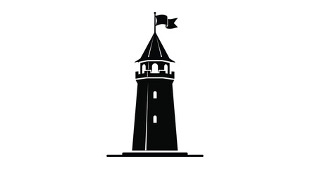 Castle tower silhouette with fluttering flag black graphic on white background high quality professional detailed modern elegant stylish clean crisp vibrant © VoDesign02