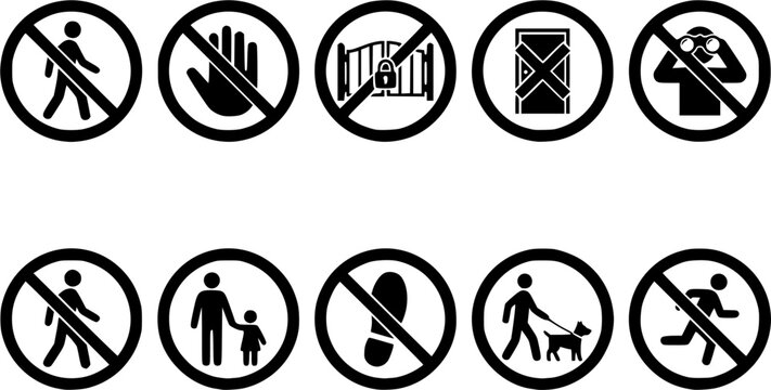 No Public Access Warning Sign. No public access area prohibited safety sign printable prohibition symbol set icon design set of 10. no pedestrian sign