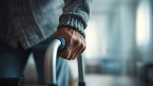 Senior citizen hand firmly gripping a medical walker, symbolizing support, independence, and the challenges and aids associated with aging and mobility in later life