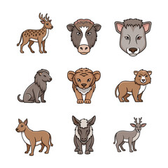 A collection of nine cartoon-style illustrations of various mammals including deer, cows, a bear cub, and other wild animals on a white background. © dilla