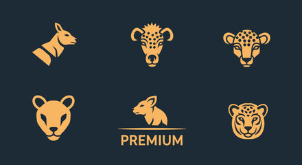Collection of stylized animal logos and icons in golden yellow on a dark blue background, featuring a kangaroo, ram, cheetah, bear, rodent, and leopard. © dilla