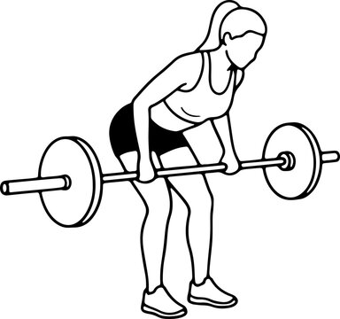 Bent-Over Row Woman Exercising with Barbell for Strength Training in Gym Line Art Icon with Focused Determination.