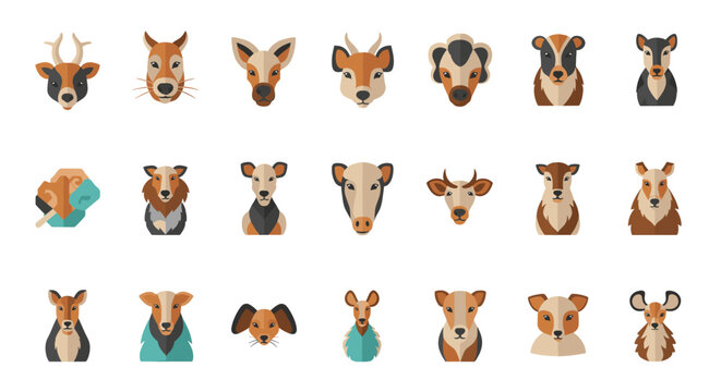 Collection of diverse animal heads in a flat, illustrative style, showcasing various species and their unique features.