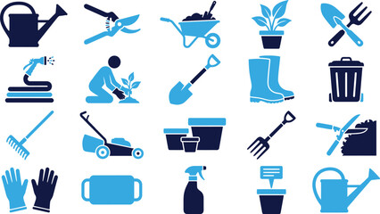 Gardening tools and equipment icons watering can shovel shears and wheelbarrow on white background. © Asif