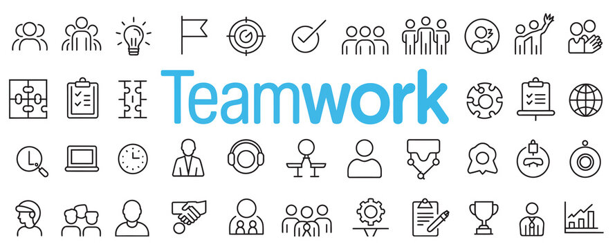 Black teamwork icons with blue text on white background for business and collaboration concepts.