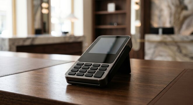 Contactless payment terminal on wooden table in modern restaurant setting with blurred background