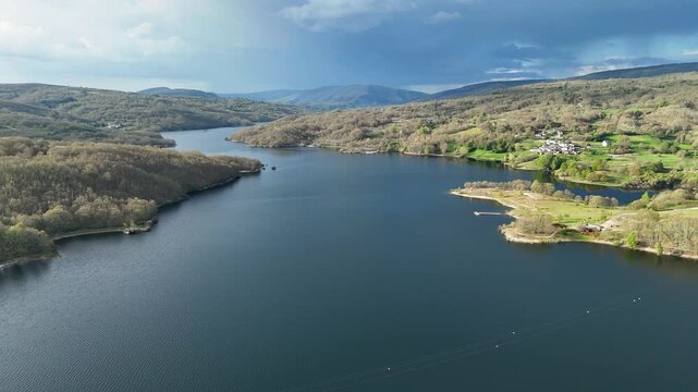 Aerial view flying over prada reservoir in a veiga