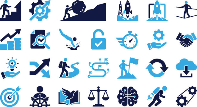 Business and success icons depicting growth strategy progress and achievement for career and project development.