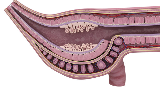 Anatomical Cross-Section of Human Small Intestine Showing Villi, Mucosa, Submucosa and Mesentery Structures

