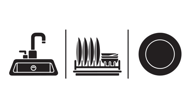 Black icons of kitchen sink, dish rack with utensils, and plate on white background for household and kitchen concepts