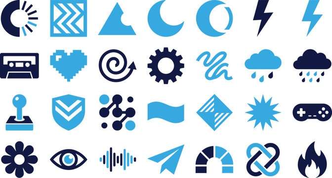 Abstract geometric shapes and icons representing concepts like nature technology and abstract art.