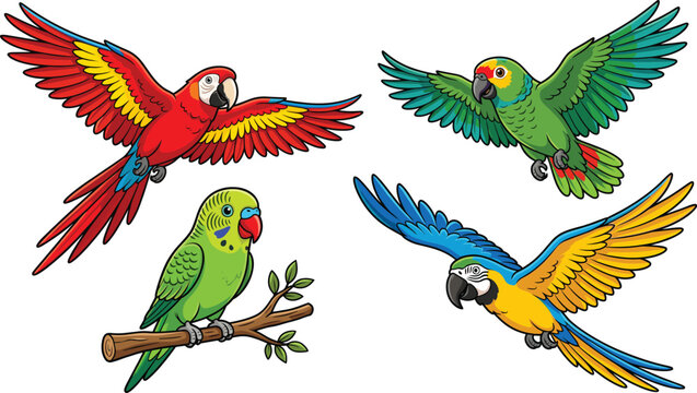 Colorful parrot birds set with flying macaw and perched parakeet tropical wildlife cartoon illustration collection