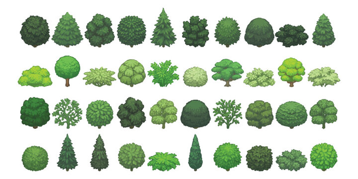 Set of various green trees and bushes for game design and landscape architecture in a flat vector illustration style