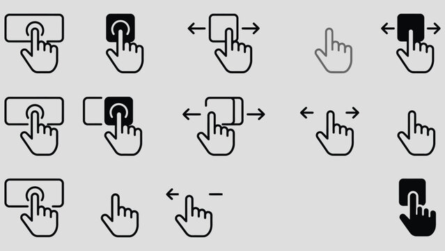 Leaf through gesture vector icon set. Turn or swipe symbol. Drag and move hand sign. Slide, scroll, click or tap illustration. Advertising or ecommerce action button isolated.

