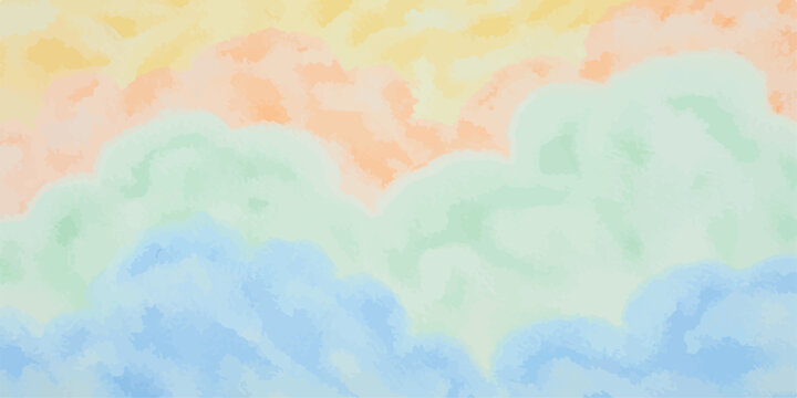 Abstract watercolor painting depicting a colorful cloudscape with blended pastel hues of yellow orange green and blue creating a dreamy serene atmosphere