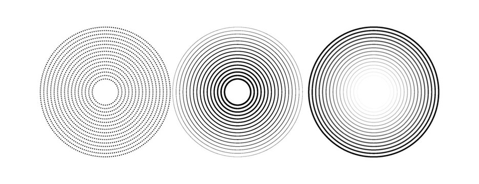 Black concentric circle set. Sonar or sound wave ring collection. Halftone and linear epicentre, target, radar icon concept. Ripple radial signal or vibration elements. Vector line and dotted symbols