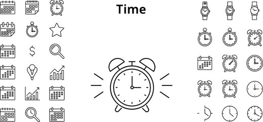 Naklejka premium Line icons collection of time and scheduling concepts featuring clocks, calendars, alarms, watches, charts, magnifying glasses, and productivity symbols