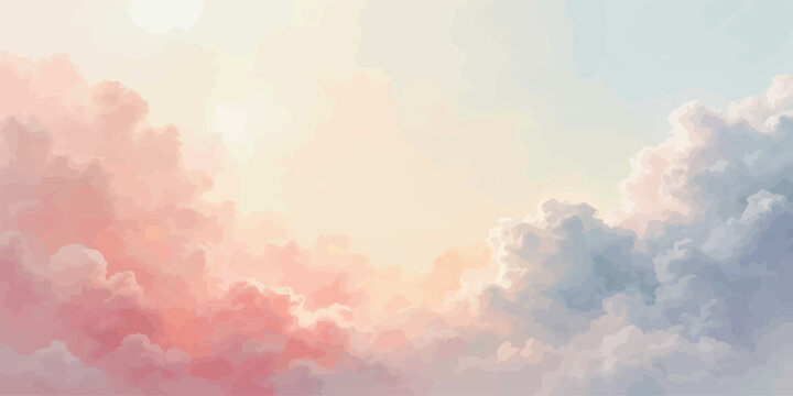 Dreamy pastel watercolor clouds at dawn with soft pink and blue hues creating a serene and tranquil atmospheric background