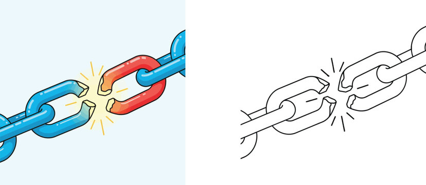 Broken Metal Chain Links Illustration Symbolizing Freedom and Liberation Concepts with Outline Coloring Page Version for Kids Activities and Educational Use Vector Design