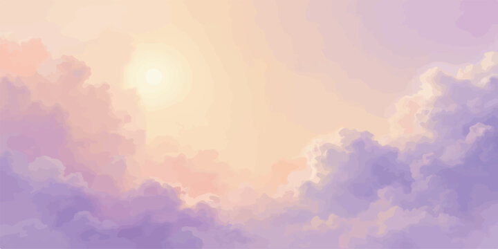 Dreamy watercolor painting of fluffy clouds in pastel pink purple and orange hues with a soft sun shining through illuminating the ethereal sky